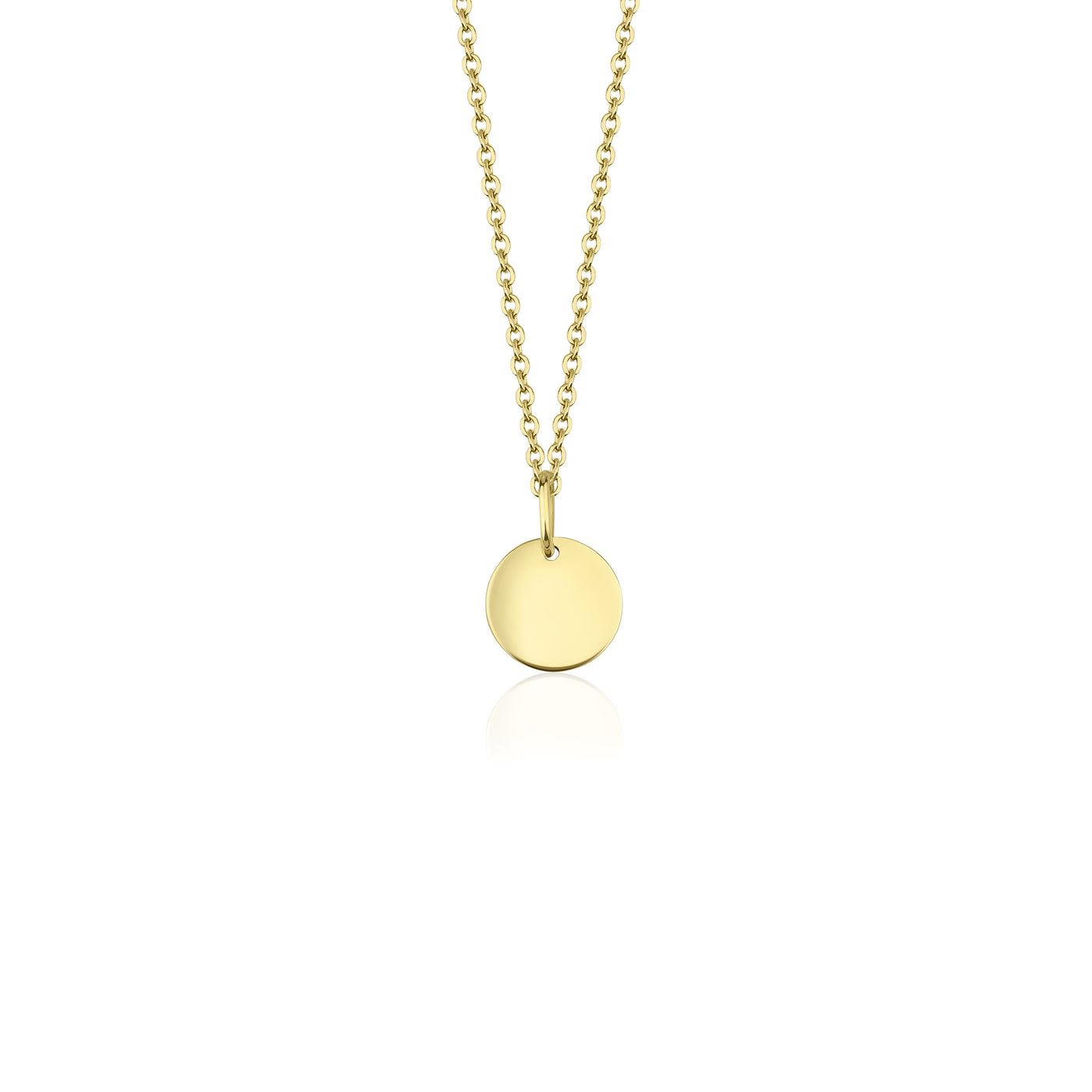 Ronde 14 karaat gouden hanger aan een gouden ketting op witte achtergrond