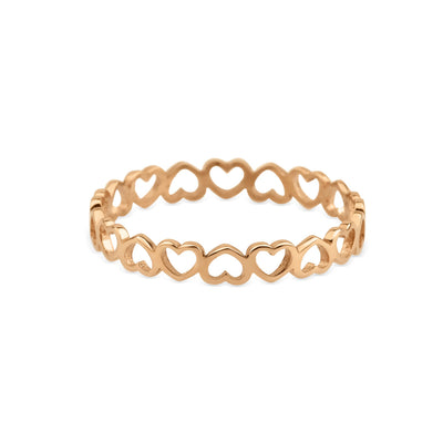 14 karaat rosegouden ring met ontwerp van open hartjes