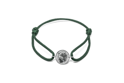 Satijnen armband met origineel zilveren dubbeltje van vóór 1948, verstelbaar koord in diverse kleuren.